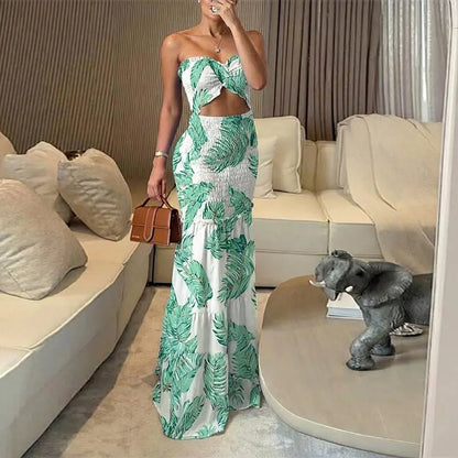 Women's Tropical Floral Print Smocked Maxi Summer Dress