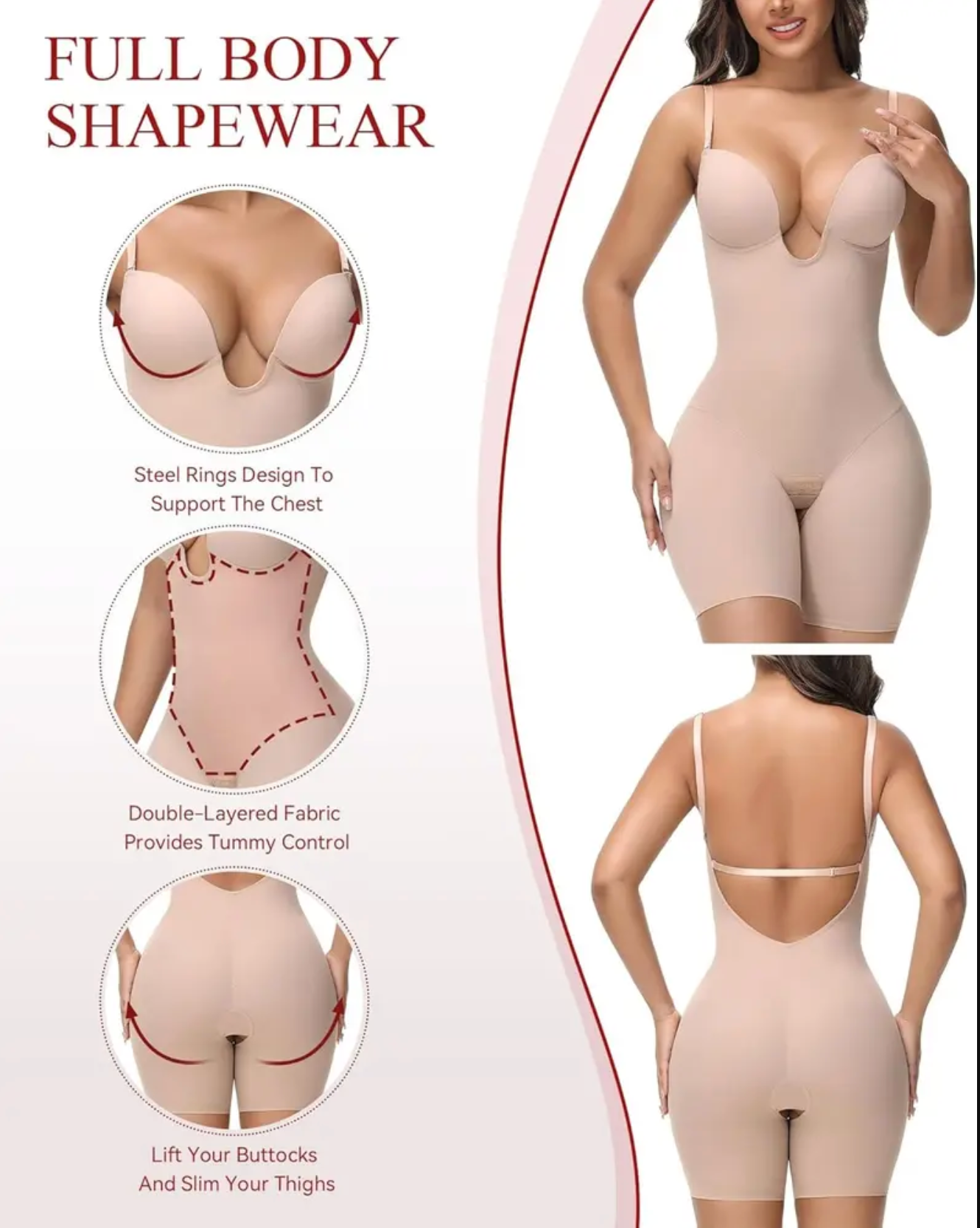 Backless Shapewear Strapless Deep U Plunge Bodysuit for Women Tummy Control