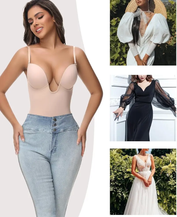 Backless Shapewear Strapless Deep U Plunge Bodysuit for Women Tummy Control