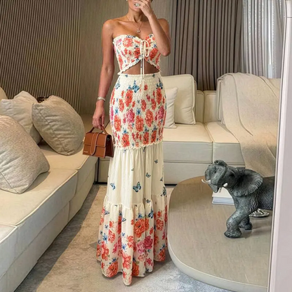 Women's Tropical Floral Print Smocked Maxi Summer Dress