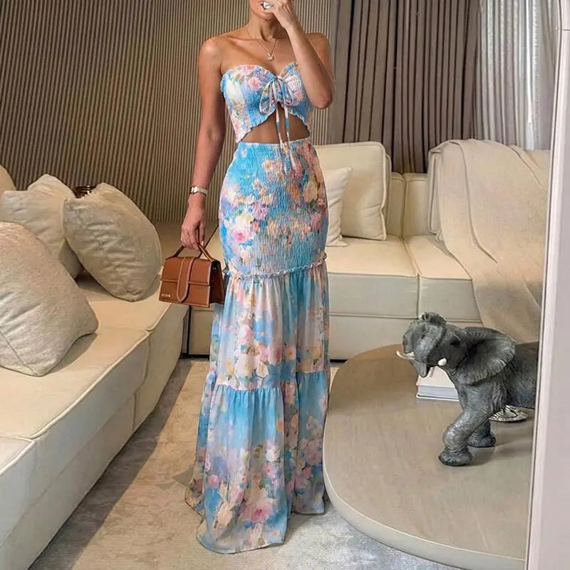 Women's Tropical Floral Print Smocked Maxi Summer Dress